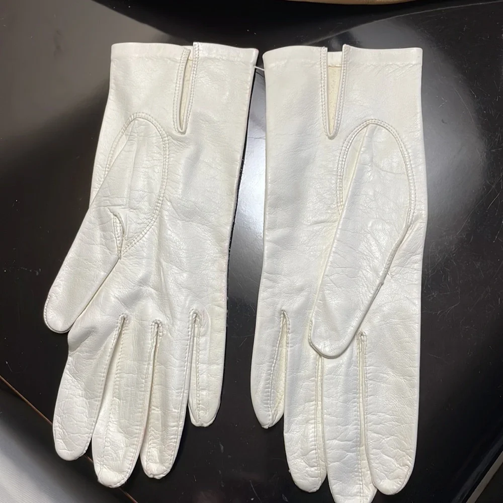 NEW white petite ladies girls leather dress gloves embroidered flower XS vintage
